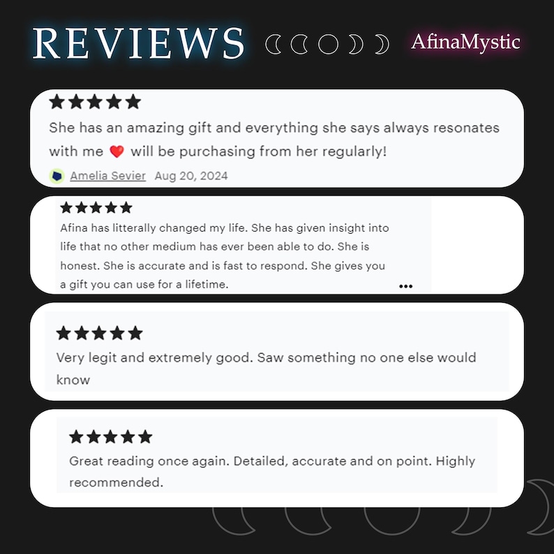 May include: Image featuring customer reviews for AfinaMystic. The word "REVIEWS" is at the top, with the shop name on the right. Reviews are in white boxes with star ratings and customer comments. The background is dark with crescent moon graphics.