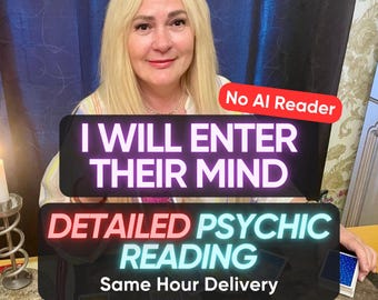 Peut inclure: Une personne aux cheveux blonds est assise devant une table avec des cartes de tarot, une bougie et un objet en bois. Les textes superposés indiquent : No AI Reader, I WILL ENTER THEIR MIND, DETAILED PSYCHIC READING, Same Hour Delivery, by Madame Alma.