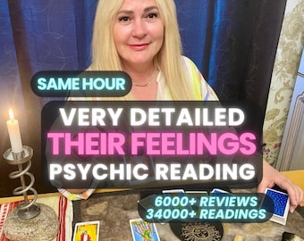 Può includere: Una persona bionda siede dietro un tavolo con carte dei tarocchi, una candela accesa in un supporto di metallo e bastoncini di legno. Il testo recita: SAME HOUR, VERY DETAILED THEIR FEELINGS PSYCHIC READING, 6000+ REVIEWS, 34000+ READINGS. Due carte sono scoperte.