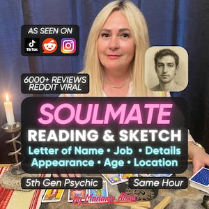 Op de afbeelding: Een advertentie voor een paranormale lezing met de tekst SOULMATE READING & SKETCH, 6000+ REVIEWS REDDIT VIRAL en 5th Gen Psychic. De afbeelding toont een persoon, een schets van een man, tarotkaarten, een brandende kaars en sociale media iconen.