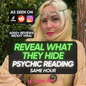 May include: A silver-toned headpiece featuring intricate metalwork and small green beads worn across the forehead. The image includes text overlays stating AS SEEN ON TIKTOK REDDIT INSTAGRAM, 6000+ REVIEWS REDDIT VIRAL, REVEAL WHAT THEY HIDE PSYCHIC READING SAME HOUR, and by Madame Atina.