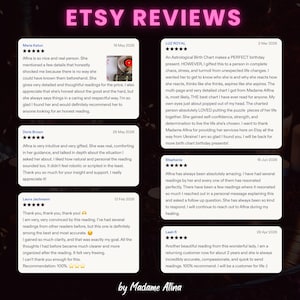 以下が含まれることがあります： Madame AfinaによるETSY REVIEWSと題されたデジタル画像。5つ星評価の顧客レビューが6件掲載されています。各レビューボックスには、投稿者名、日付、占星術の出生図リーディングに関する詳細なテキストが表示されています。