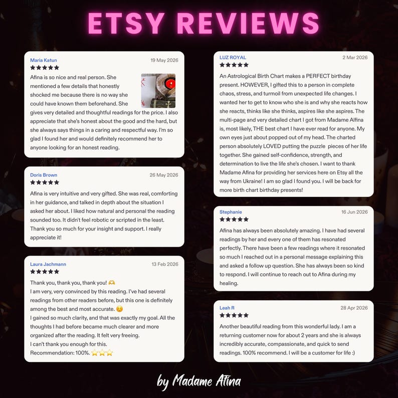 以下が含まれることがあります： Madame AfinaによるETSY REVIEWSと題されたデジタル画像。5つ星評価の顧客レビューが6件掲載されています。各レビューボックスには、投稿者名、日付、占星術の出生図リーディングに関する詳細なテキストが表示されています。