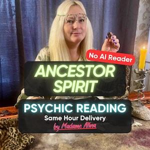 May include: A digital graphic overlay featuring the text ANCESTOR SPIRIT PSYCHIC READING by Madame Atina and No AI Reader. The image displays a person with blonde hair wearing a headpiece, holding a small dark stone, with a yellow candle nearby.