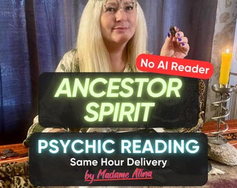 Peut inclure: Une superposition graphique numérique avec le texte ANCESTOR SPIRIT PSYCHIC READING by Madame Atina et No AI Reader. L'image montre une personne aux cheveux blonds portant un bijou de tête, tenant une petite pierre sombre, avec une bougie jaune.
