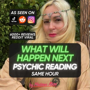 May include: A silver-toned headpiece featuring intricate metalwork and small green beads worn across the forehead. The image includes text overlays stating AS SEEN ON TIKTOK REDDIT INSTAGRAM, 6000+ REVIEWS REDDIT VIRAL, WHAT WILL HAPPEN NEXT PSYCHIC READING SAME HOUR by Madame Atina.