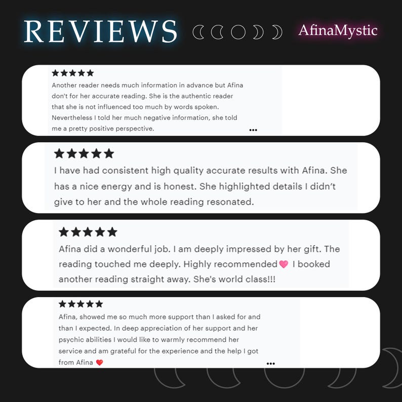 May include: Image featuring customer reviews for AfinaMystic. The word "REVIEWS" is at the top, with the business name in the upper right corner. The reviews are in white text on a dark background, with star ratings and customer testimonials.