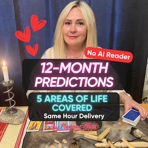 May include: A tarot reading service featuring a person with blonde hair, a lit candle in a metal holder, a deck of blue-backed cards, and scattered wooden sticks. Text overlays include 12-MONTH PREDICTIONS, 5 AREAS OF LIFE COVERED, and No AI Reader.