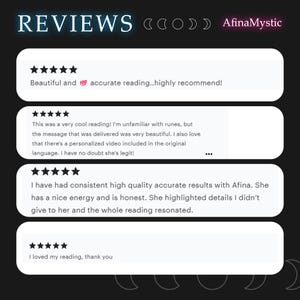 May include: Image featuring customer reviews with five-star ratings. The text includes phrases like "accurate reading," "cool reading," and "high quality results." The business name "AfinaMystic" is displayed at the top right.