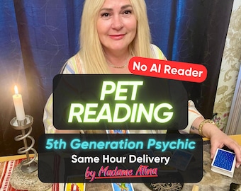 May include: A blonde individual sits behind a table with tarot cards, a lit candle in a metal holder, and wooden sticks. Text overlays read: No AI Reader, PET READING, 5th Generation Psychic, Same Hour Delivery, and by Madame Atina.