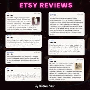 May include: A digital graphic featuring the text ETSY REVIEWS at the top and by Madame Afina at the bottom. The image displays six individual five-star customer reviews with text and dates, including two small square photographs of a cat and a person.