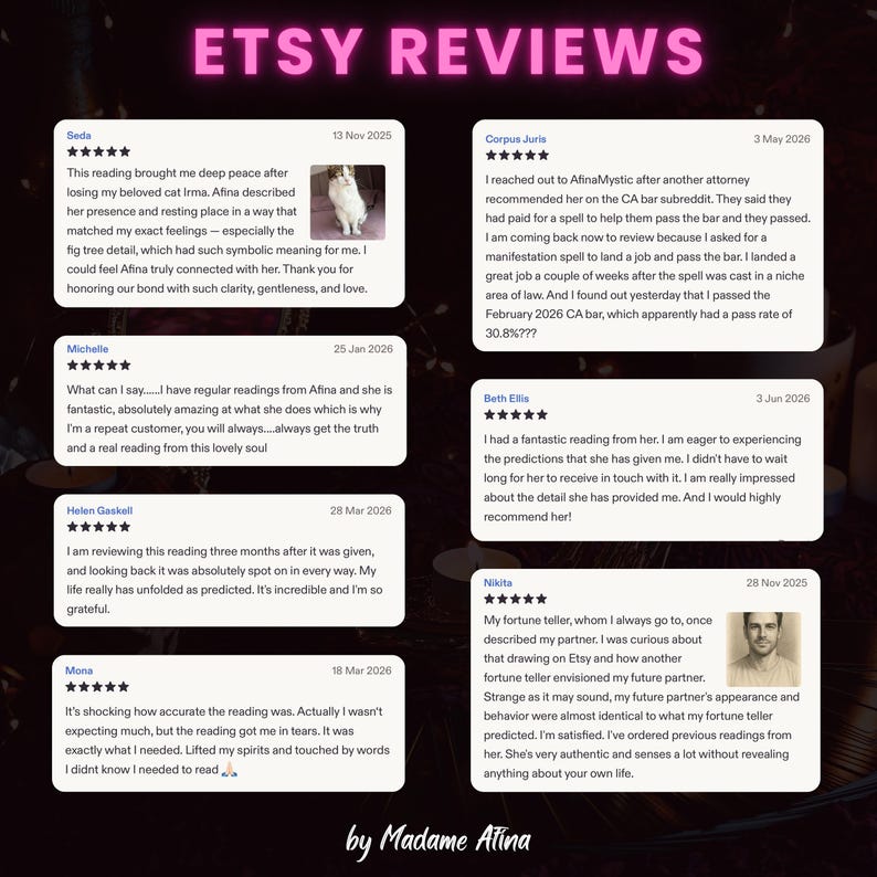 May include: A digital graphic featuring the text ETSY REVIEWS at the top and by Madame Afina at the bottom. The image displays six individual five-star customer reviews with text and dates, including two small square photographs of a cat and a person.