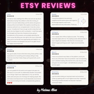 以下が含まれることがあります： Madame AtinaによるETSY REVIEWSと題されたデジタルグラフィック。5つ星評価の顧客レビューが6件掲載されています。各白いレビューボックスには、ユーザー名、日付、Afinaのリーディングサービスに関する詳細なフィードバックが表示されています。