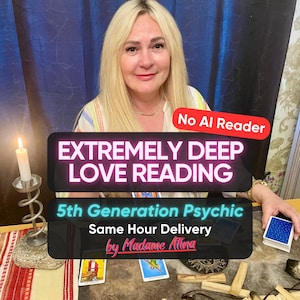 May include: A blonde person sits behind a table with tarot cards, a lit candle in a metal holder, and wooden sticks. Text overlays read: No AI Reader, EXTREMELY DEEP LOVE READING, 5th Generation Psychic, Same Hour Delivery, by Madame Atina.