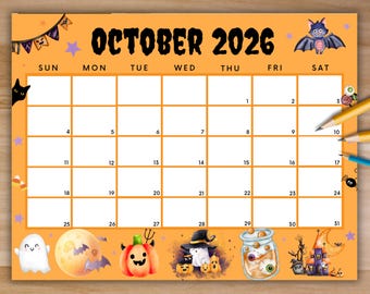 Calendario de octubre de 2026 editable, bonito calendario imprimible de octubre con murciélago de Halloween, planificador mensual, calendario familiar, planificador de educación en casa para niños.