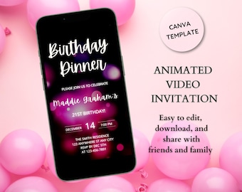 Bearbeitbare Geburtstagsessen-Einladung Digitale Einladung Jedes Alter Animierter Video-Geburtstag einladen - Digitale Einladung Party laden Pink und Schwarz ein
