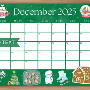 Editable December 2025 Calendar, Printable Calendar w/ Christmas Cookies, Monthly Planner, Cute Christmas Calendar, Kids School Schedule