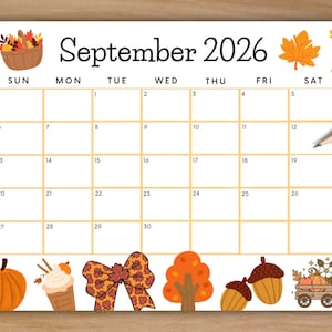 May include: A September 2026 calendar page featuring a white background with a grid of yellow lines. The design includes autumn-themed illustrations such as a basket of leaves, pumpkins, acorns, a bow, and trees. Pencils are visible on the right side.