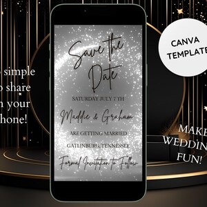 Editable Save the Date Wedding Invitation- Animated Video- Silver Wedding Invite w/ Sparkles- Digital Text Message Invite- Wedding Day