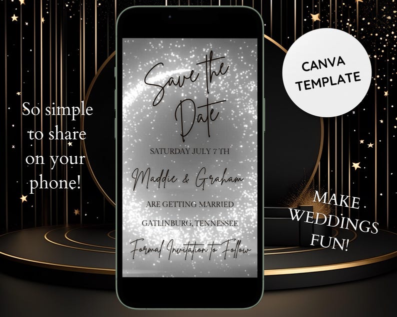 Editable Save the Date Wedding Invitation- Animated Video- Silver Wedding Invite w/ Sparkles- Digital Text Message Invite- Wedding Day