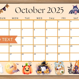 Editable October 2025 Calendar, Printable Cute October Calendar w/ Cute Halloween Bat Monthly Planner, Fall Calendar, Kids School Schedule