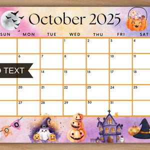 Editable October 2025 Calendar, Printable Cute Halloween Calendar w/ BOO Trick or Treat Monthly Planner, Fall Calendar, Kids School Schedule