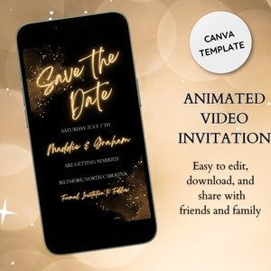 Gold Save the Date Digitale Hochzeitseinladung - Animiertes Video Hochzeitseinladung - Schöne Gold-Textnachricht Einladen für Hochzeitstag Spaß