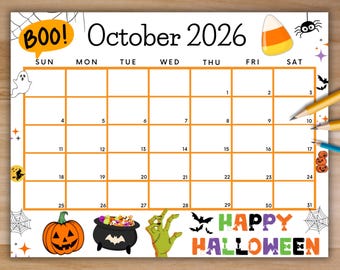 Editable October 2026 Calendar, Printable Cute Calendar w/ Happy Halloween BOO, Monthly Planner, Homeschool Planner, Family Calendar
