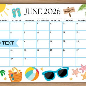 Editable June 2026 Calendar, Printable Calendar w/ Summer Sunglasses, School Calendar, Summer Monthly Planner, Homeschool Planner