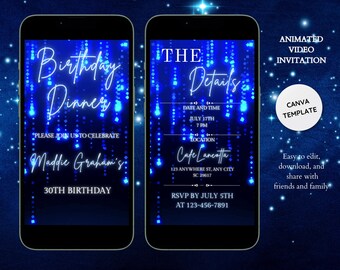 Pode incluir: Um convite de vídeo animado azul para um jantar de aniversário de 30 anos. O convite apresenta um fundo azul com texto branco e um efeito brilhante. O texto diz "Birthday Dinner" e "The Details". Os detalhes incluem a data, a hora, o local e as informações de RSVP.