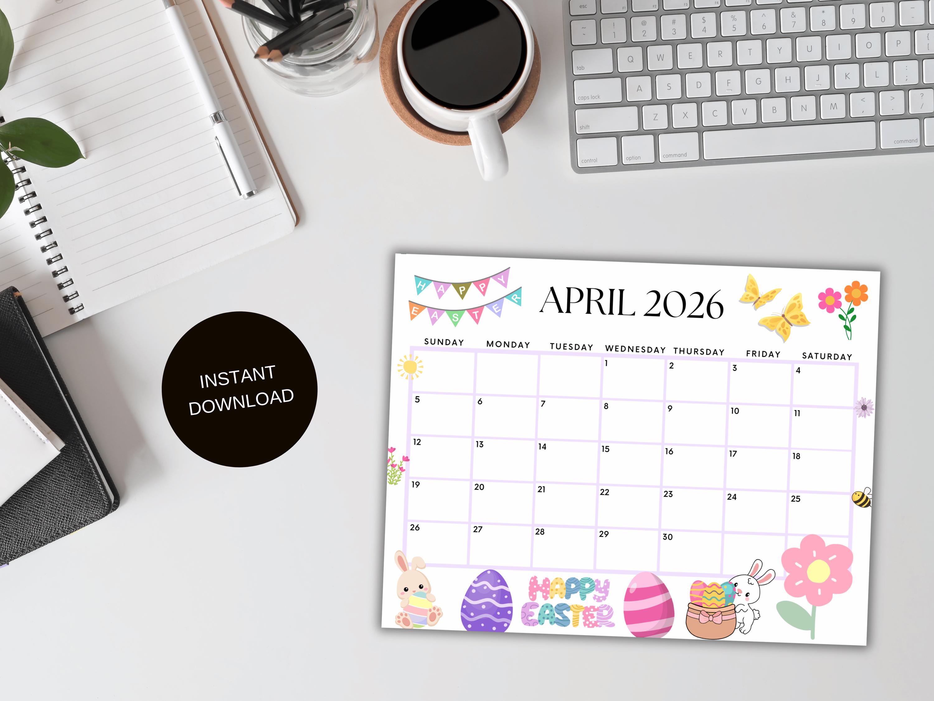 Editable April 2026 Calendar, Printable Calendar W/ Happy Easter, Kids ...