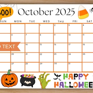 Editable October 2025 Calendar, Printable Cute Calendar w/ Happy Halloween BOO, Monthly Planner, Fall Calendar, Kids School Schedule