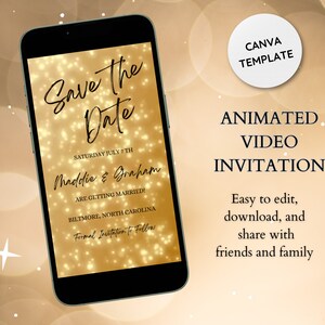 Gold Save the Date Digitale Hochzeitseinladung - Animiertes Video Hochzeitseinladung - Schöne digitale Textnachricht einladen für den Spaß am Hochzeitstag