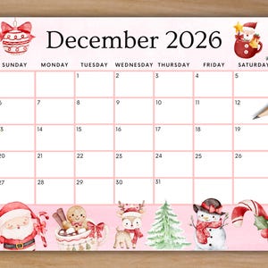 Redigerbar decemberkalender 2026, utskrivbar rosa julkalender med jultomten, månadsplanerare, semesterplanerare för högskola, hemundervisningsplanerare