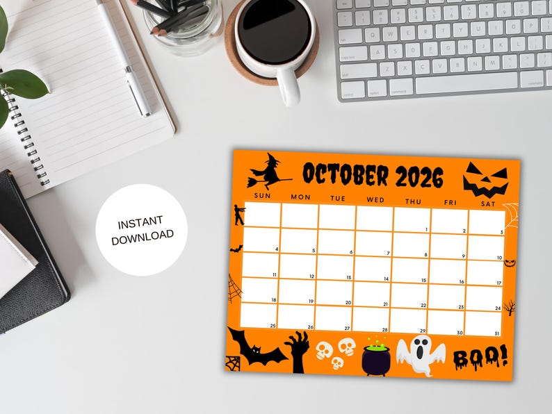 Editable October 2026 Calendar, Printable Halloween Calendar Orange W ...