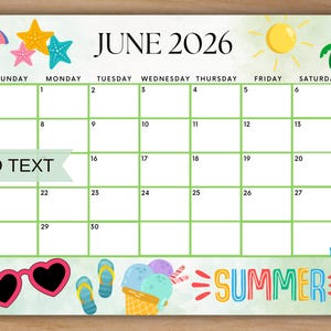 Editable June 2026 Calendar, Printable Calendar, Cute Green Summer Planner, School Calendar, Summer Monthly Planner, Homeschool Planner