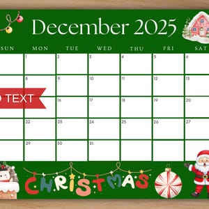 Editable December 2025 Calendar, Printable Calendar w/ Santa Claus, Monthly Planner, Cute Green Christmas Calendar, Kids School Schedule