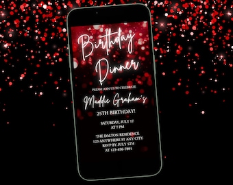 Faire-part d'anniversaire rouge pour dîner, faire-part numérique, vidéo d'invitation animée, faire-part de fête, joyeux anniversaire, faire-part de paillettes rouges
