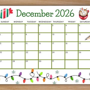 Calendario di dicembre 2026 modificabile, calendario stampabile con graziose luci di Natale, calendario mensile per le vacanze a casa, PDF per compiti a casa e in ufficio