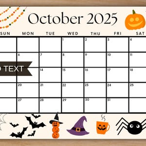 Editable October 2025 Calendar, Printable Scary October Calendar w/ Scary Bats Monthly Planner, Fall Calendar, Kids School Schedule Pumpkins