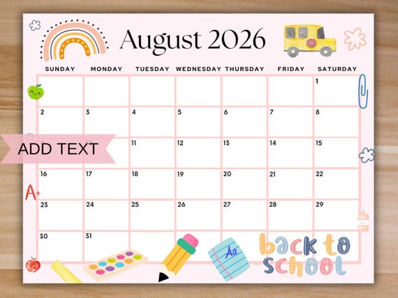 EDITABLE August 2026 Calendar, Printable Back to School ...