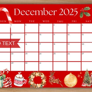 Editable December 2025 Calendar, Printable Red Christmas Calendar w/ Santa Claus, Monthly Planner, Merry Christmas, Kids School Schedule