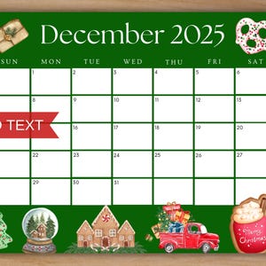 Editable December 2025 Calendar, Printable Christmas Calendar w/ Red Truck, Monthly Planner, Green Calendar, Cute Kids School Schedule