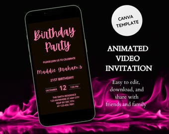 Bearbeitbare Geburtstagsfeier-Einladung, animierte Video-Geburtstagseinladung mit Rosa- Partyeinladung - Rosa digitale Einladung - digitale Einladung zum Spaß