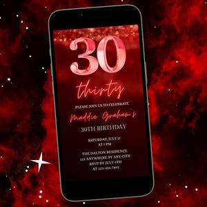 Invitación digital para cumpleaños número 30. Invitación de cumpleaños animada en rojo. Invitación digital. Invitación para fiesta de cumpleaños número 30. Invitación roja con saludos de 30 años.