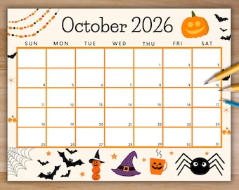 Calendario de octubre de 2026 editable, calendario de octubre imprimible con murciélagos aterradores, planificador mensual, calendario de otoño, horario escolar infantil para imprimir