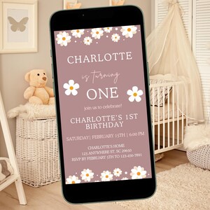 1st Birthday Party Einladung w / Cute Blumen-Digitale Geburtstags-Einladung für Mädchen-Süße Telefon-Party-Einladung-Mädchen 1.Geburtstags-Einladung Süß