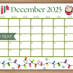 Editable December 2025 Calendar, Printable Calendar w/ Pretty Christmas Lights, Monthly Planner, Cute Calendar, Holiday Homeschool Calendar