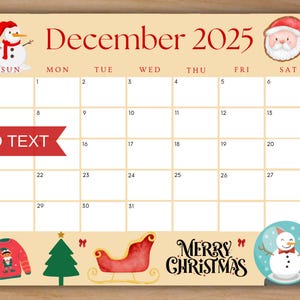 Editable December 2025 Calendar, Printable Calendar w/ Santas Sleigh, Monthly Planner, Cute Christmas Calendar, Kids School Schedule
