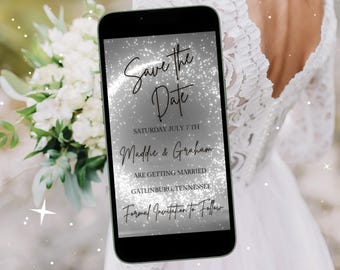 Editable Save the Date Wedding Invitation- Animated Video- Silver Wedding Invite w/ Sparkles- Digital Text Message Invite- Wedding Day